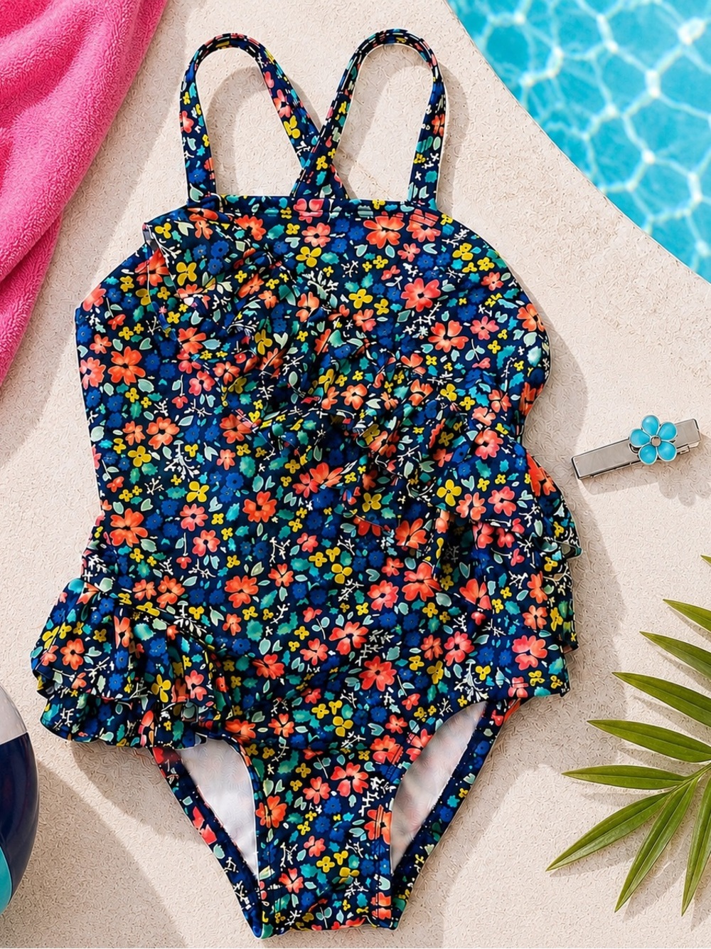 Cat & Jack 4T Navy Floral Ruffle Swimsuit Set + Matching Flower Hair Clip